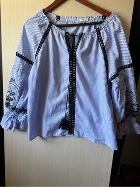 San Joy Blue and White Striped Peasant Blouse with Black Trim